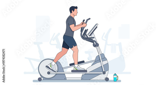 An athletic man maintains his fitness with a low-impact, full-body workout on an elliptical machine, depicted in a modern flat design.