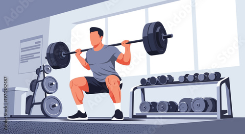 This flat design illustration showcases an athletic man performing a barbell squat, focusing on lower body and core strength in a gym.
