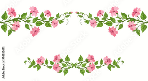 Elegant Pink Floral Borders with Green Leaves.