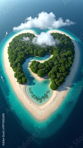 Aerial View of Heart-Shaped Green Tropical Island