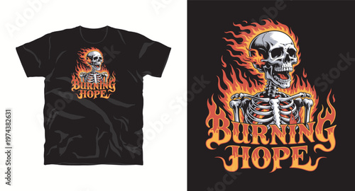 Burning hope typography with screaming skeleton skull and realistic colorful flames.