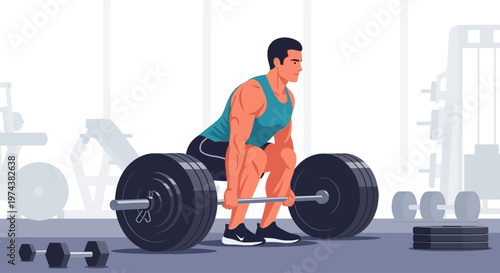 This flat design illustration depicts a powerful athletic man executing a barbell deadlift, a foundational exercise for full-body strength