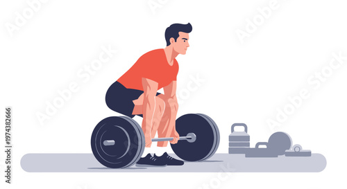 This flat design illustration depicts a powerful athletic man executing a barbell deadlift, a foundational exercise for full-body strength