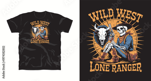 Wild west skeleton cowboy sitting with revolver and bison skull vintage illustration for t shirt design.