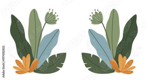 Symmetrical Tropical Leaves and Flowers Arrangement.