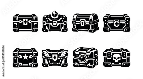 Vector black and white illustrations of various stylized treasure chests in silhouette design