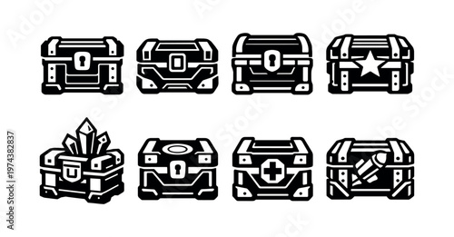 Black and white vector illustrations of treasure chests with various designs and styles