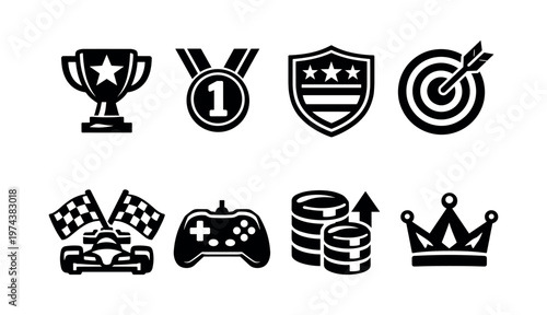 Silhouette trophy medal shield target vector icons for gaming and achievement themes