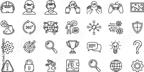 Virtual Reality (VR) Technology Line Art Icon Set. Outline Symbols for Gaming, Metaverse, VR Headsets, 360 View, and Digital Innovation Concepts.