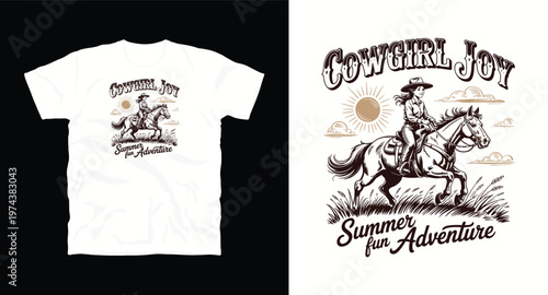 Cowgirl joy summer adventure illustration of woman riding horse in field for t shirt design.