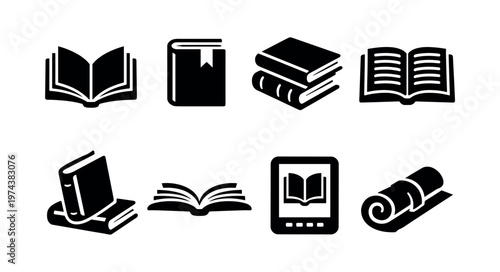 Black and white book icons collection including open books and digital book illustration silhouettes