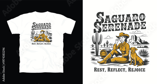 Saguaro serenade western woman sitting with dog and barrel, rest reflect rejoice.