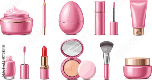 Pink Cosmetic Makeup Products Collection Vector Illustration Featuring Lipstick Powder Cream Brush and Beauty Skincare Accessories for Fashion Design Projects