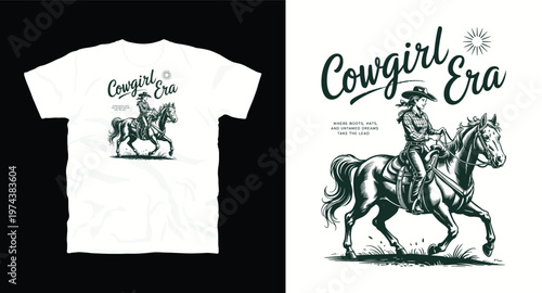 Elegant cowgirl era illustration featuring woman riding galloping horse with text.