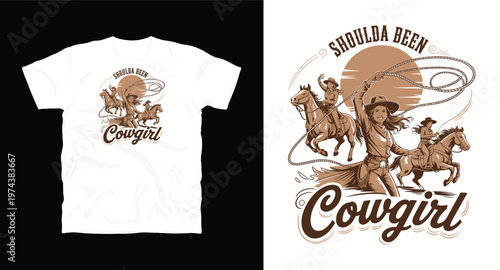Shoulda been cowgirl t-shirt design western country rodeo with cowboy girl riding horse.