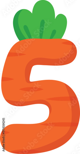 Playful orange carrot shaped number 5 digit vector for kids math