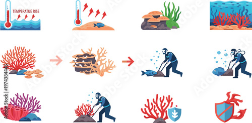 Coral Reef Conservation and Ocean Warming Impact Vector Set Featuring Bleaching Process Divers Restoration and Marine Protection Elements