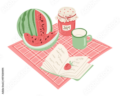 Illustration depicting a picnic setup with a sliced watermelon, jam jar, cup, and an open recipe book on a red checkered tablecloth