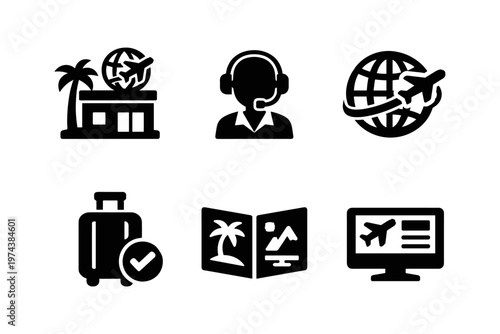 Travel booking solid black icon set vector illustration