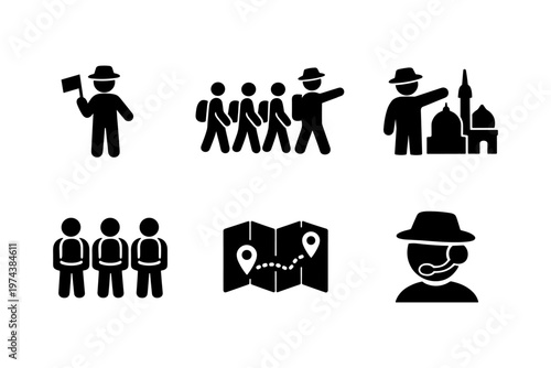 Tour guide services solid black icon set vector illustration