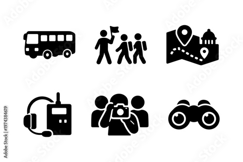 Guided city tour solid black icon set vector illustration