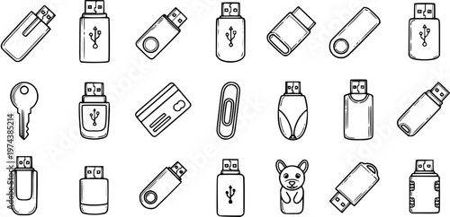 Technology Data Storage USB Flash Drives and Related Devices Black and White Line Art Outline Icons Set