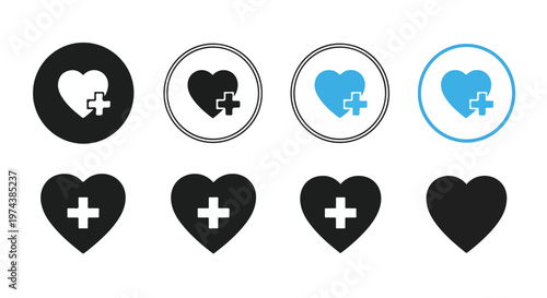 Collection of heart icons with plus signs representing adding to favorites or liking content online