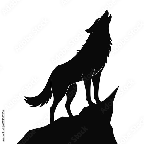 Howling wolf silhouette on mountain peak, black wild wolf standing on rock vector, predatory animal howling at the moon, wilderness wildlife illustration