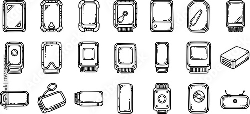 Technology Gadgets Outline Icons Set. Hand Drawn Black and White Line Art Collection of Portable Electronic Devices, Storage Drives, and Accessories.