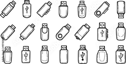 Black and White Line Art Icons of Various USB Flash Drives, Technology Storage Devices