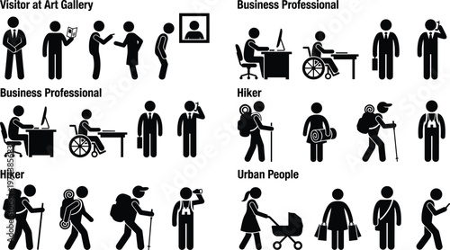 Collection of stick figure people in various activities including art gallery visitors, business professionals, hikers, and urban lifestyle characters for design
