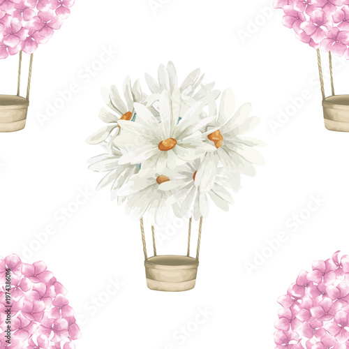 Vector baby seamless pattern with floral hot air balloon. Hand drawn cute  illustration on white background