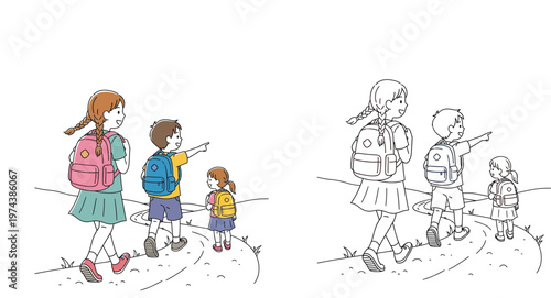 Hand Drawn Vector Illustration of Three Happy Children with Backpacks Walking on a Winding Path Outdoors, School Kids Adventure and Coloring Book Page Design Set