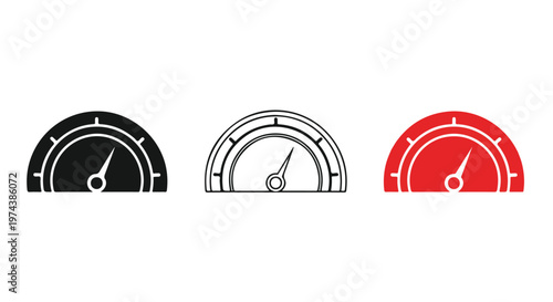 Three different speedometer icons in black, outline, and red showing speed measurement for vehicles or performance