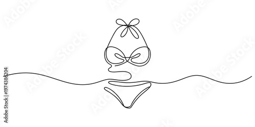 Minimalist continuous line drawing of a two piece bikini swimsuit for summer beach fashion wear