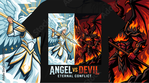 Epic Angel vs Devil T-Shirt Design - Eternal Conflict Depicted.