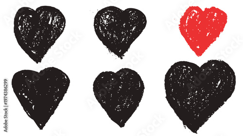 Heart crayon set with grunge texture in black for valentine card. Chalky heart set in charcoal sketch and drawn red silhouette. Vector ink brush love icon in childish scribble art isolated on white.