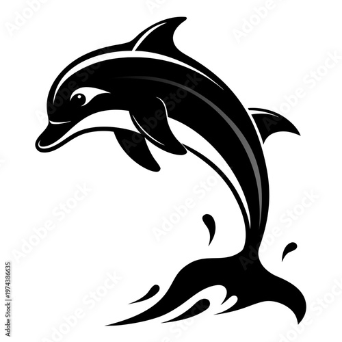 Stylized dolphin jumping vector illustration, black and white marine animal silhouette, aquatic mammal jumping out of water splash