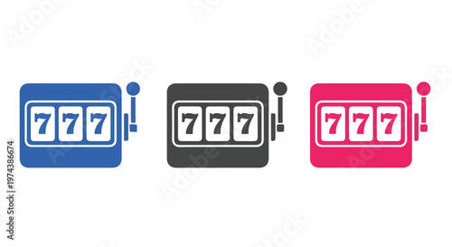Three different colored slot machine icons displaying the lucky number seven for winning opportunities