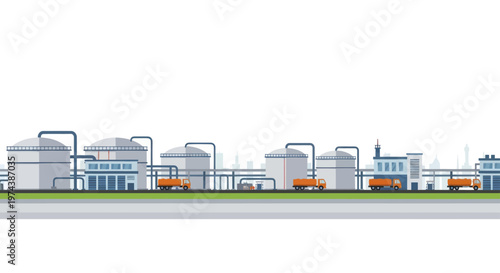 Industrial landscape with oil refinery and storage tanks.