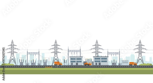 Industrial landscape with power lines, electricity pylons, and substation buildings.