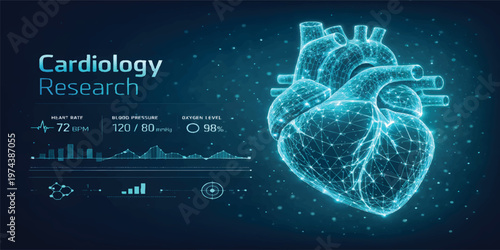 Digital Human Heart Cardiology Research with Medical Data Analytics Dashboard, Healthcare Technology Background, AI Health Monitoring Concept