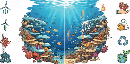 Ocean Pollution vs Healthy Reef Vector Illustration Featuring Marine Life Climate Change Impact and Environmental Protection Comparison Scene