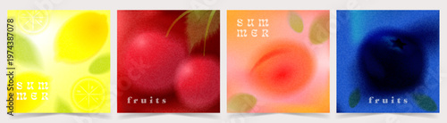 Summer fruit vibrant tropical gradient cards set with blurred abstract citrus, berry shapes, retro airbrush texture. Vector collection of grainy backgrounds and bold seasonal color palette.