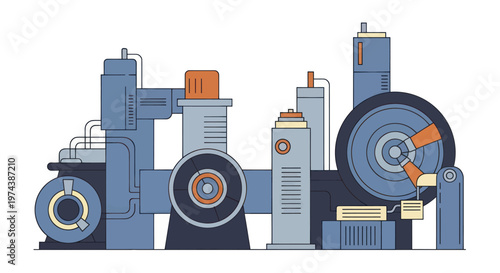 Industrial machinery complex with large gears and pipes.