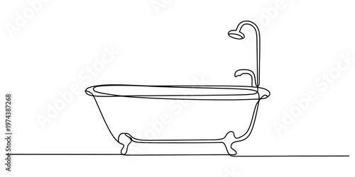 A single continuous line drawing of a classic clawfoot bathtub with a vintage shower head fixture