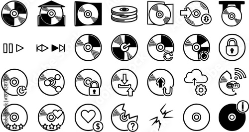 Technology Icons: CDDVD Disc Collection with Play, Download, Upload, Security, Wi-Fi, and Music Symbols