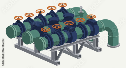 Industrial pipeline system with multiple valves and connections.