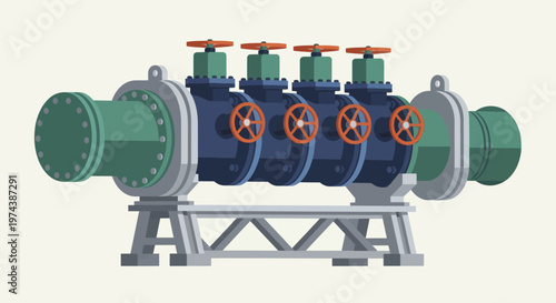 Industrial pipeline system with multiple valves and pumps for fluid control.