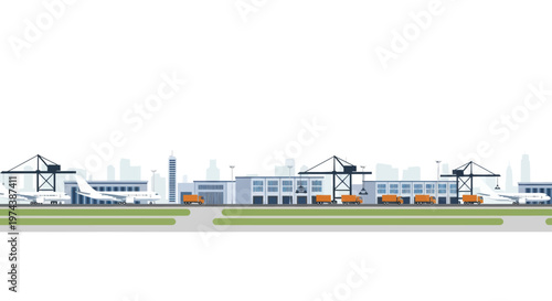 Industrial Port with Cranes and Cargo Containers.